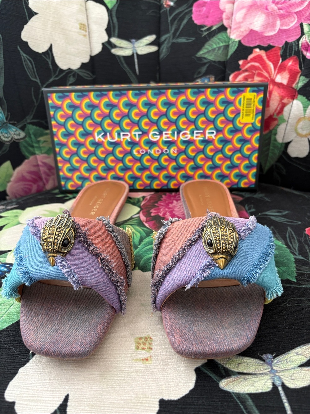 Kurt Geiger Pastel Ombre Frayed Fabric Slide Mules with Gold Embellishments